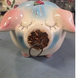 Vintage 1957 Hull Pottery Corky Pig Piggy Bank Blue Pink Rose USA Ceramic